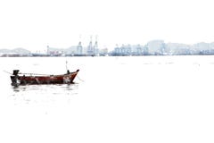 Bateau de pêche et raffinerie de pétrole arrière sur la peinture d'aquarelle illustration de vecteur Bateau de pêche et raffinerie de pétrole arrière sur la peinture d'aquarelle illustration de vecteur