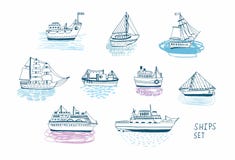 Bateaux tirés par la main de griffonnage réglés Collection colorée d'illustrations illustration stock Bateaux tirés par la main de griffonnage réglés Collection colorée d'illustrations illustration stock