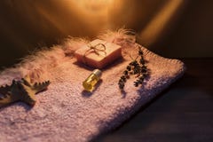 Bath kit for women with dried lavander, night concept royalty free stock image Bath kit for women with dried lavander, night concept royalty free stock image