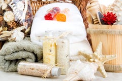 Bath Salts, Soap And Towels Royalty Free Stock Photo