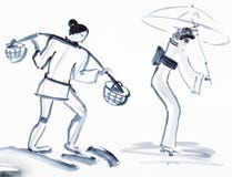Bauer mit Joch und japanischer Frau mit Regenschirm Stockfotos Bauer mit Joch und japanischer Frau mit Regenschirm Stockfotos