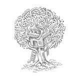 Baumhaus Haus auf Baum für Kinder Kinderspielplatzleiter Flache Artvektorillustration stock abbildung Baumhaus Haus auf Baum für Kinder Kinderspielplatzleiter Flache Artvektorillustration stock abbildung