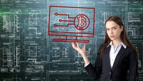 Bauty business woman standing in suit with Bitcoin Logo to illustrate the use of bitcoin for trading or money transfer. stock images Bauty business woman standing in suit with Bitcoin Logo to illustrate the use of bitcoin for trading or money transfer. stock images