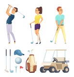Bawi się charaktery i różnorodnych narzędzia dla golfowych graczów Wektorowe kreskówek maskotki ilustracji Bawi się charaktery i różnorodnych narzędzia dla golfowych graczów Wektorowe kreskówek maskotki ilustracji