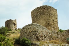 The Bay of Balaklava and the Ruins of Genoese fortress Cembalo. Balaklava, Crimea. beautiful seascape royalty free stock image The Bay of Balaklava and the Ruins of Genoese fortress Cembalo. Balaklava, Crimea. beautiful seascape royalty free stock image