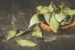 bay leaf in a wooden bowl/bay leaf on a wooden surface dark wooden background. selective focus stock photo bay leaf in a wooden bowl/bay leaf on a wooden surface dark wooden background. selective focus stock photo