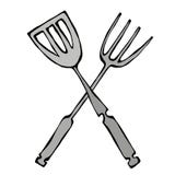 BBQ or Grill Tools Icon. Crossed Barbecue Fork with Spatula. Isolated On a White Background. Realistic Doodle Cartoon Style Hand D stock illustration BBQ or Grill Tools Icon. Crossed Barbecue Fork with Spatula. Isolated On a White Background. Realistic Doodle Cartoon Style Hand D stock illustration