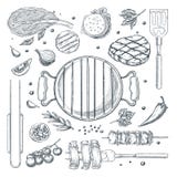 Bbq-Grillvektor-Skizzenillustration Draufsichtgegenstandsatz, lokalisiert auf weißem Hintergrund Picknickmenügestaltungselemente vektor abbildung Bbq-Grillvektor-Skizzenillustration Draufsichtgegenstandsatz, lokalisiert auf weißem Hintergrund Picknickmenügestaltungselemente vektor abbildung