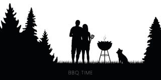 Bbq-tidpar med hund- och kokk?rlgrillfesten i skogkontur vektor illustrationer Bbq-tidpar med hund- och kokk?rlgrillfesten i skogkontur vektor illustrationer