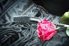 Bdsm toys and gothic corset with rose background