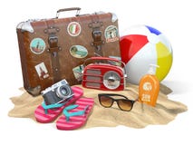 Beach accessories for relaxing. Sunscreen bottle, flip flops, su Royalty Free Stock Image Beach accessories for relaxing. Sunscreen bottle, flip flops, su Royalty Free Stock Image