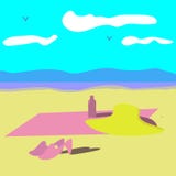 Beach towel, hat, shoes, cream on blue sky and water background vector drawing stock illustration Beach towel, hat, shoes, cream on blue sky and water background vector drawing stock illustration