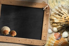 Beach Vacation - Seashells and Blackboard stock photos Beach Vacation - Seashells and Blackboard stock photos