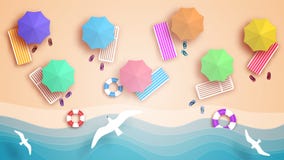 The beach, the view from the top. Beach, waves, sunbeds and umbrellas from the sun. vector illustration The beach, the view from the top. Beach, waves, sunbeds and umbrellas from the sun. vector illustration