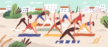 Beach yoga class flat vector illustration. People in sportswear doing yoga asanas on sandy beach. Healthy lifestyle