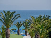 Beau littoral tropical avec de l'eau les palmiers et bleu clair photo libre de droits Beau littoral tropical avec de l'eau les palmiers et bleu clair photo libre de droits