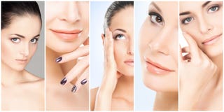Beau visage de jeune et en bonne santé fille dans la collection de collage Chirurgie plastique, soins de la peau, cosmétiques et photos stock Beau visage de jeune et en bonne santé fille dans la collection de collage Chirurgie plastique, soins de la peau, cosmétiques et photos stock