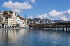 Beautiful aerial view Lake Lucerne, city the spring season, boats and ships stock photography Beautiful aerial view Lake Lucerne, city the spring season, boats and ships stock photography