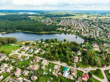 Beautiful aerial view of Moletai region, famous or its lakes. Scenic summer evening landscape in Lithuania stock photography Beautiful aerial view of Moletai region, famous or its lakes. Scenic summer evening landscape in Lithuania stock photography