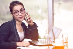 Beautiful Asian Business Woman Holding Smart Phone And Calling, Stock Image