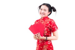 Beautiful asian woman wears cheongsam on white background. Holding red envelopes and smile in chinese new year. Stock Image Beautiful asian woman wears cheongsam on white background. Holding red envelopes and smile in chinese new year. Stock Image