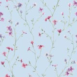 Beautiful autotraced vector seamless floral pattern with gentle watercolor hand drawn purple wild field flowers. Stock