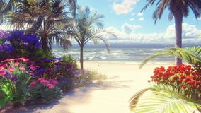 A beautiful beach with beautiful flowers and trees growing on it, blue sky and white sand washed by the ocean wave.