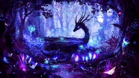 A beautiful black dragon in a night forest, peacefully lying in a clearing, surrounded by many trees, fireflies, and luminous