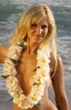 Beautiful Blond Woman Smiling While Wearing A Lei Royalty Free Stock Image