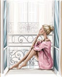 Beautiful blonde hair woman sitting on windowsill.