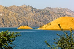 Beautiful blue waters of Nurek reservoir