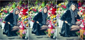 Beautiful brunette woman in black at florist shop Royalty Free Stock Photos Beautiful brunette woman in black at florist shop Royalty Free Stock Photos