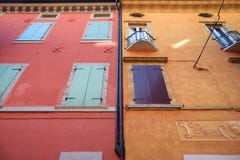 Beautiful colorful mediterranean house facades in Desenzano del Garda town Royalty Free Stock Image Beautiful colorful mediterranean house facades in Desenzano del Garda town Royalty Free Stock Image