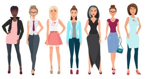 Beautiful cute young women in fashion clothes. Detailed girls female characters. Flat style vector illustration. stock illustration Beautiful cute young women in fashion clothes. Detailed girls female characters. Flat style vector illustration. stock illustration
