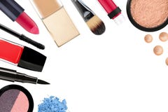 Beautiful decorative cosmetics and makeup brushes, isolated Stock Images Beautiful decorative cosmetics and makeup brushes, isolated Stock Images