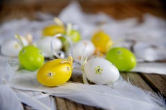 Decorative easter eggs with white feathers on wooden background royalty free stock images Decorative easter eggs with white feathers on wooden background royalty free stock images