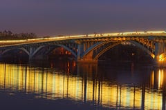 Beautiful Evening View Of Illuminated Merto Bridge. Night City Landscape. Kyiv, Ukraine Royalty Free Stock Photography