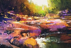 Beautiful fall river lines with colorful stones in autumn forest stock illustration Beautiful fall river lines with colorful stones in autumn forest stock illustration