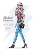 Beautiful fashion model with blonde hair. Hand drawn stylish young woman walking. Stock Photos Beautiful fashion model with blonde hair. Hand drawn stylish young woman walking. Stock Photos