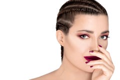 Beautiful fashion woman with braided hair, mallow rose lipstick, nails and eye shadow. Beauty and makeup concept stock images Beautiful fashion woman with braided hair, mallow rose lipstick, nails and eye shadow. Beauty and makeup concept stock images