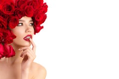 Beautiful Fashion Young Girl With Red Roses On Head Royalty Free Stock Photography