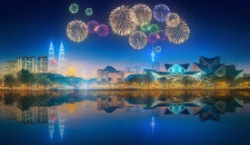Beautiful fireworks above cityscape of Kuala Lumpur skyline royalty free stock photos Beautiful fireworks above cityscape of Kuala Lumpur skyline royalty free stock photos