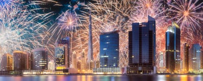 Beautiful fireworks above Dubai Business bay, UAE royalty free stock photos Beautiful fireworks above Dubai Business bay, UAE royalty free stock photos