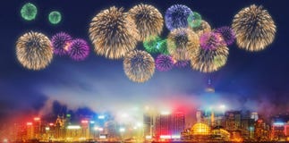 Beautiful fireworks in Hong Kong and Financial district royalty free stock photos Beautiful fireworks in Hong Kong and Financial district royalty free stock photos