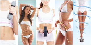 Beautiful and fit woman in a fitness workout. collage. Sport, nutrition, health and weight loss concept. Stock Photo Beautiful and fit woman in a fitness workout. collage. Sport, nutrition, health and weight loss concept. Stock Photo