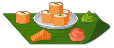 Flat illustration with rolls, wasabi and ginger stock illustration Flat illustration with rolls, wasabi and ginger stock illustration