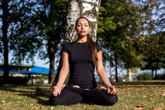Beautiful girl is engaged in individual practice yoga in the park royalty free stock photos Beautiful girl is engaged in individual practice yoga in the park royalty free stock photos