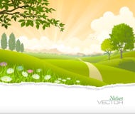 Breath taking scene of a path going through green fields towards the hills. stock illustration Breath taking scene of a path going through green fields towards the hills. stock illustration