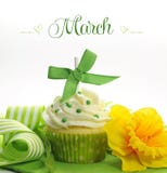 Beautiful green and yellow Spring theme cupcake with doffodils and decorations for the month of March royalty free stock image Beautiful green and yellow Spring theme cupcake with doffodils and decorations for the month of March royalty free stock image