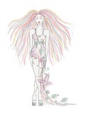 Beautiful hand drawn artistic girl with long hair, dress with flowers, leaves, butterfly. Creative artistic decorative watercolor royalty free illustration Beautiful hand drawn artistic girl with long hair, dress with flowers, leaves, butterfly. Creative artistic decorative watercolor royalty free illustration